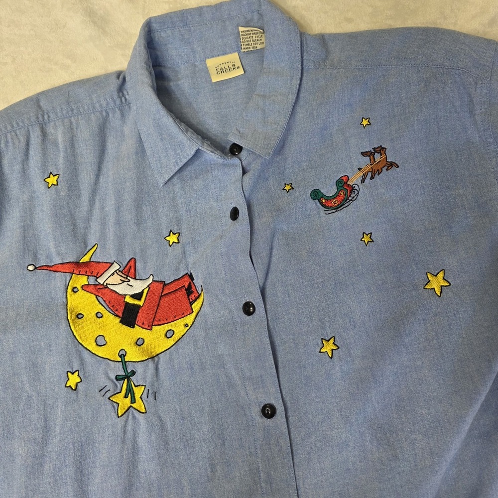 Vintage Falls Creek Embroidered Santa Sleeping On the Moon Denim Button Down 18W